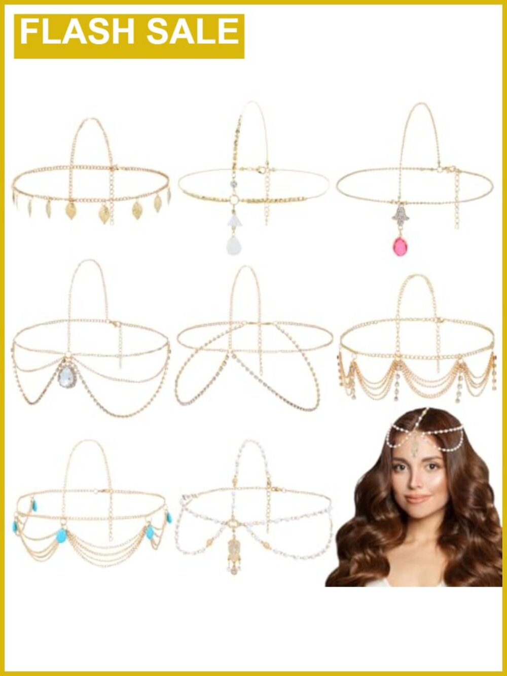 Gold Head Chains Leaf Bead Rhinestone Tassel Boho Headbands for Women Girls